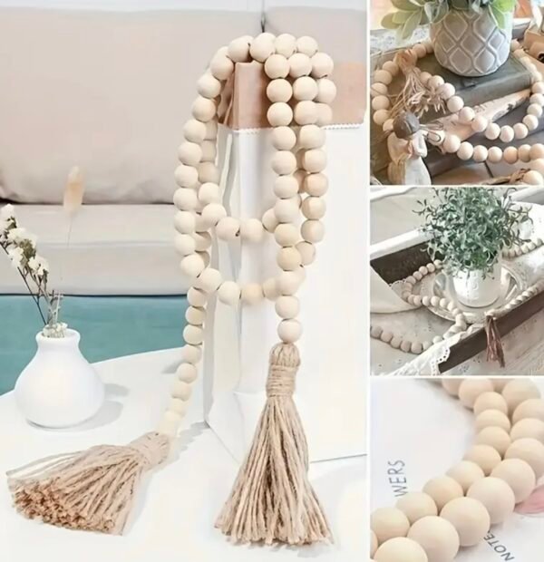 Handmade Bohemian Wooden Bead Garland with Tassel - Image 3